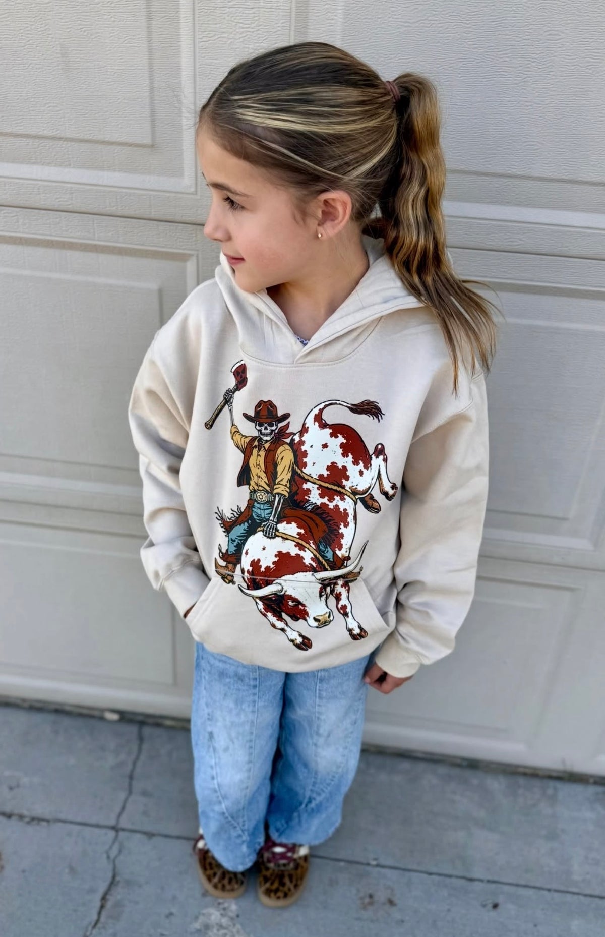 Skeleton riding bull hoodie Youth small